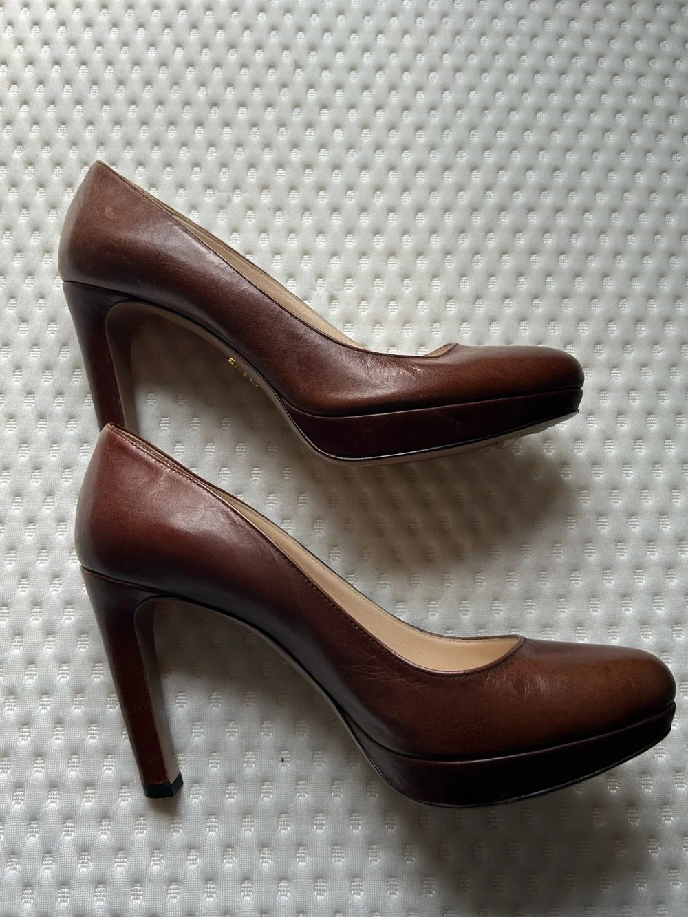 PRADA Brown Leather Platform Round Toe Logo Slip On Pumps EU 38 US 8